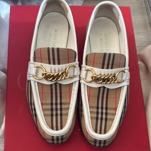 Burberry Plaid Loafers with Gold Chain